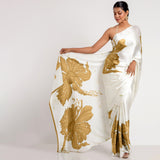 Golden Glory , White Japan Satin Saree with Floral Print for women -ANUB001JSC