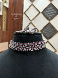 Pink Peony , Silver Finish Plush Pink Stones studded Diamond Inspired Slim Choker Necklace Set for women -JAYDU001DC