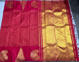 Ayanthika , Tomato Red Shade Traditional Kanjivaram Silk Saree with Golden Gopurams and Mango Motifs and Golden chekered  Body -SARAVA001TR