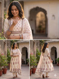Sindoori , Pure Mul Cotton long A- line pattern Kurti set block floral print with pearl moti, sequins ,foil mirror work  -FOF001KPD