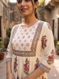 Sindoori , Pure Mul Cotton long A- line pattern Kurti set block floral print with pearl moti, sequins ,foil mirror work  -FOF001KPD