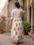 Sindoori , Pure Mul Cotton long A- line pattern Kurti set block floral print with pearl moti, sequins ,foil mirror work  -FOF001KPD