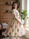 Sindoori , Pure Mul Cotton long A- line pattern Kurti set block floral print with pearl moti, sequins ,foil mirror work  -FOF001KPD
