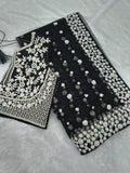 Pretty Woman , Black Net Saree with Sequins and Pearl Work for Beautiful Women -SLC001BNS