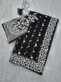 Pretty Woman , Black Net Saree with Sequins and Pearl Work for Beautiful Women -SLC001BNS