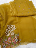 Mustard Yellow Crush georgette top with embroidery bootis and dupatta with delicate cutwork embroidery -DIA001SSYL