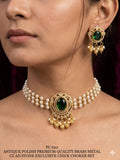 Deepika , Antique Gold Finish Brass Metal CZ AD Stone Chick Pearl Choker Necklace Set for women -SHAKI001PCB