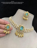 Kartika  , Antique Gold Finish Brass Metal CZ AD Stone Chick Pearl Choker Necklace Set for women -SHAKI001PCC