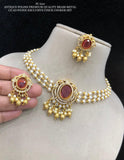 Raveena , Antique Gold Finish Brass Metal CZ AD Stone Chick Pearl Choker Necklace Set for women -SHAKI001PCA