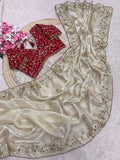 Vasuki , Glass silk saree with beautiful embroidery work touch up of sequins and unstitch silk blouse with work-SOC001WM