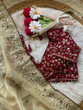 Vasuki , Glass silk saree with beautiful embroidery work touch up of sequins and unstitch silk blouse with work-SOC001WM