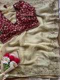 Vasuki , Glass silk saree with beautiful embroidery work touch up of sequins and unstitch silk blouse with work-SOC001WM
