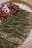 Tulsi , Glass silk saree with beautiful embroidery work touch up of sequins and unstitch silk blouse with work-SOC001GM