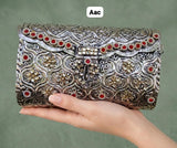 Original brass antique  silver  red meena kundan and glass kundan asthetic silver tone clutch bag-MUSK001SC