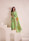 Pista Green Shade  Soft Linen Saree with Big Jaquard  Pallu for women -MADHU001PGS