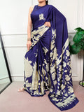 Deep Blue Kalamkari print satin silk saree for women -MISS001SSD