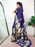 Deep Blue Kalamkari print satin silk saree for women -MISS001SSD