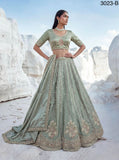 Pastel Green Twilight Bloom Intricate Handwork Designed Scalloped Lehenga Choli with Dupatta - SSS001PG