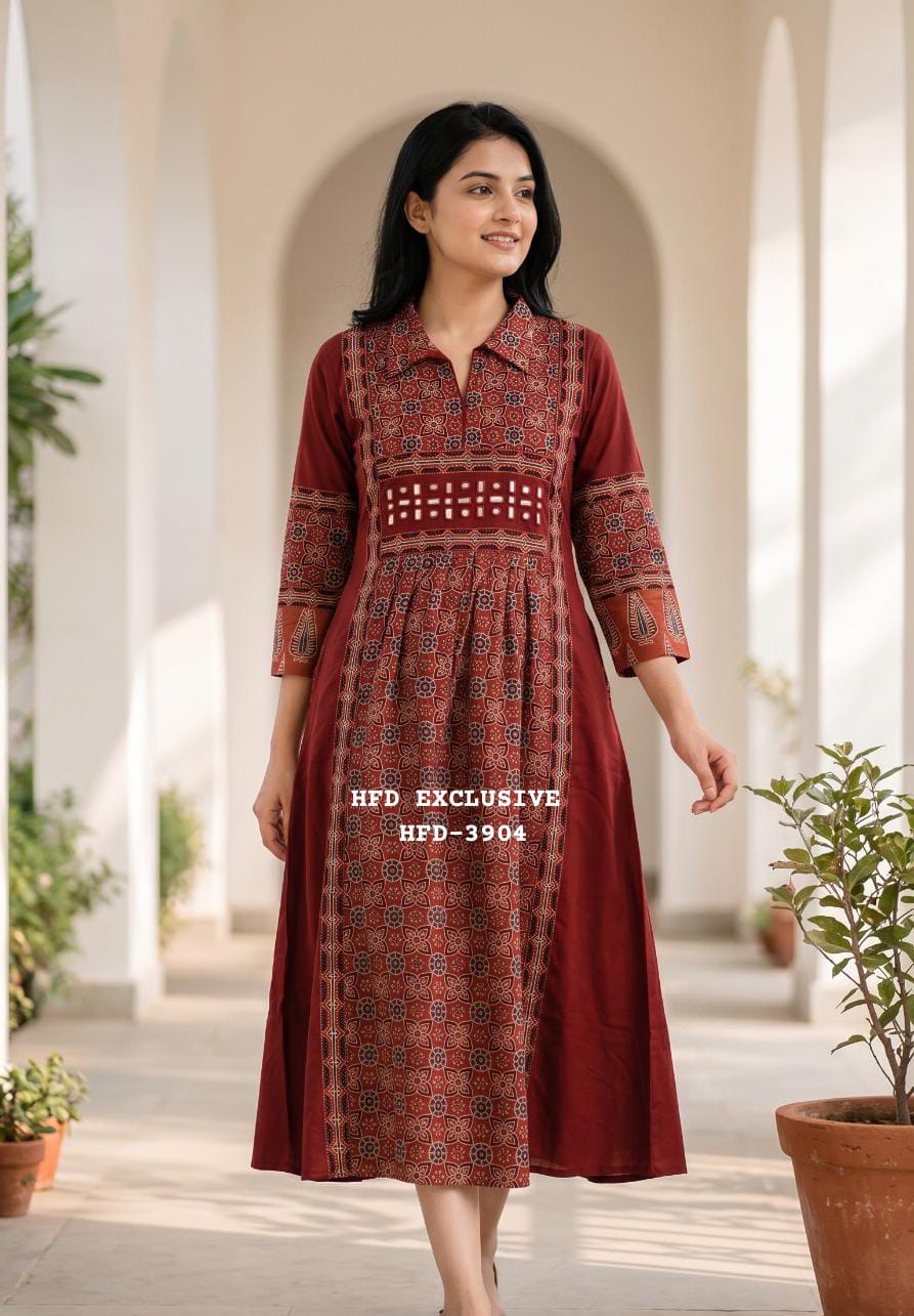 ajrak ladies dress Maroon Premium Cotton Collared /Kurti With and original mi – group:UV729