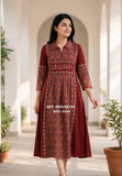 Maroon Premium Cotton Collared Dress /Kurti With Ajrak and original mirror work-DP001AJMK