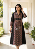 Black Premium Cotton Collared Dress /Kurti With Ajrak and original mirror work-DP001AJBLK