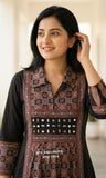 Black Premium Cotton Collared Dress /Kurti With Ajrak and original mirror work-DP001AJBLK