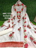 Rose Beauty , Pure Mal Chanderi With Red Rose Resham Work on Neck and Laces on Ghera -AFREE001RW