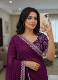 Jona , Premium Star Georgette saree with Lucknowi embroidery sequins work border and Stitched Blouse -SLC001LS