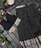 Black  Soft silk kanchipuram Lehenga with ready-made side open off sleeves blouse for Little Girls -TREND001LBL