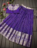 Blue Soft silk kanchipuram Lehenga with ready-made side open off sleeves blouse for Little Girls -TREND001LBLU