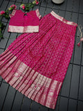 Pink Soft silk kanchipuram Lehenga with ready-made side open off sleeves blouse for Little Girls -TREND001LKP