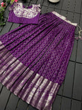 Soft silk kanchipuram Lehenga with ready-made side open off sleeves blouse for Little Girls -TREND001LKA