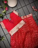 Red Soft silk kanchipuram Lehenga with ready-made side open off sleeves blouse for Little Girls -TREND001LKB