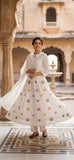 White Lilya , Mul-Cotton Full flair Anarkali Kurti Pant Dupatta set for women -ANUB001KPD