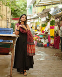 Black Handloom A-Line Kurti Palazo with Pure Linen Duppatta -ANUB001BKP
