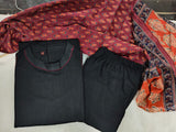 Black Handloom A-Line Kurti Palazo with Pure Linen Duppatta -ANUB001BKP