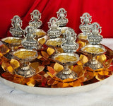 Antique German silver Ashtalaxmi Golden lotus Diya aarti thali set for Puja-AKSH001SG