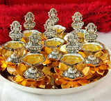 Antique German silver Ashtalaxmi Golden lotus Diya aarti thali set for Puja-AKSH001SG