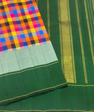 Sharada , Pure Kanchipuram Silk Hand Woven 2G Pure Zari Multi Checks Pattu weaving KORVAI border with rich pallu-SACH001KP