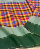 Sharada , Pure Kanchipuram Silk Hand Woven 2G Pure Zari Multi Checks Pattu weaving KORVAI border with rich pallu-SACH001KP
