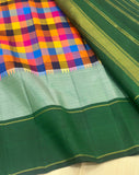 Sharada , Pure Kanchipuram Silk Hand Woven 2G Pure Zari Multi Checks Pattu weaving KORVAI border with rich pallu-SACH001KP