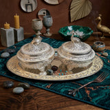 Silver Finish Enamel Peacock motif Sugar Pots with a oval serving tray and spoons-HRH001ST