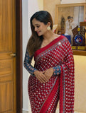 Chandni , Red Ajrakh Gajji Bandej Soft Silk Saree with Mirror work - SOC001RS