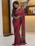 Chandni , Red Ajrakh Gajji Bandej Soft Silk Saree with Mirror work - SOC001RS