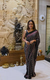 Damini , Black Ajrakh Gajji Bandej Soft Silk Saree with Mirror work - SOC001BS