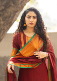 Vibrant Chettinad pattu cotton suit set in golden and maroon , with traditional Zari borders and a classic woven dupatta-GARI001CRKS