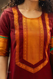 Vibrant Chettinad pattu cotton suit set in golden and maroon , with traditional Zari borders and a classic woven dupatta-GARI001CRKS