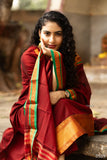 Vibrant Chettinad pattu cotton suit set in golden and maroon , with traditional Zari borders and a classic woven dupatta-GARI001CRKS