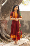Vibrant Chettinad pattu cotton suit set in golden and maroon , with traditional Zari borders and a classic woven dupatta-GARI001CRKS