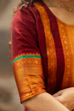 Vibrant Chettinad pattu cotton suit set in golden and maroon , with traditional Zari borders and a classic woven dupatta-GARI001CRKS